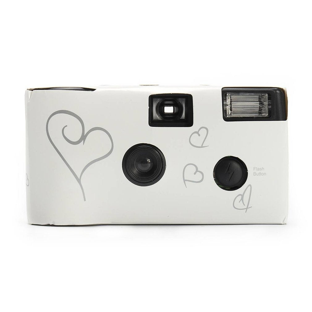 White retro film camera with heart design and built-in flash from Diamond Moments