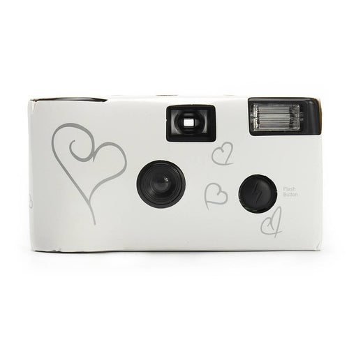 White retro film camera with heart design and built-in flash from Diamond Moments
